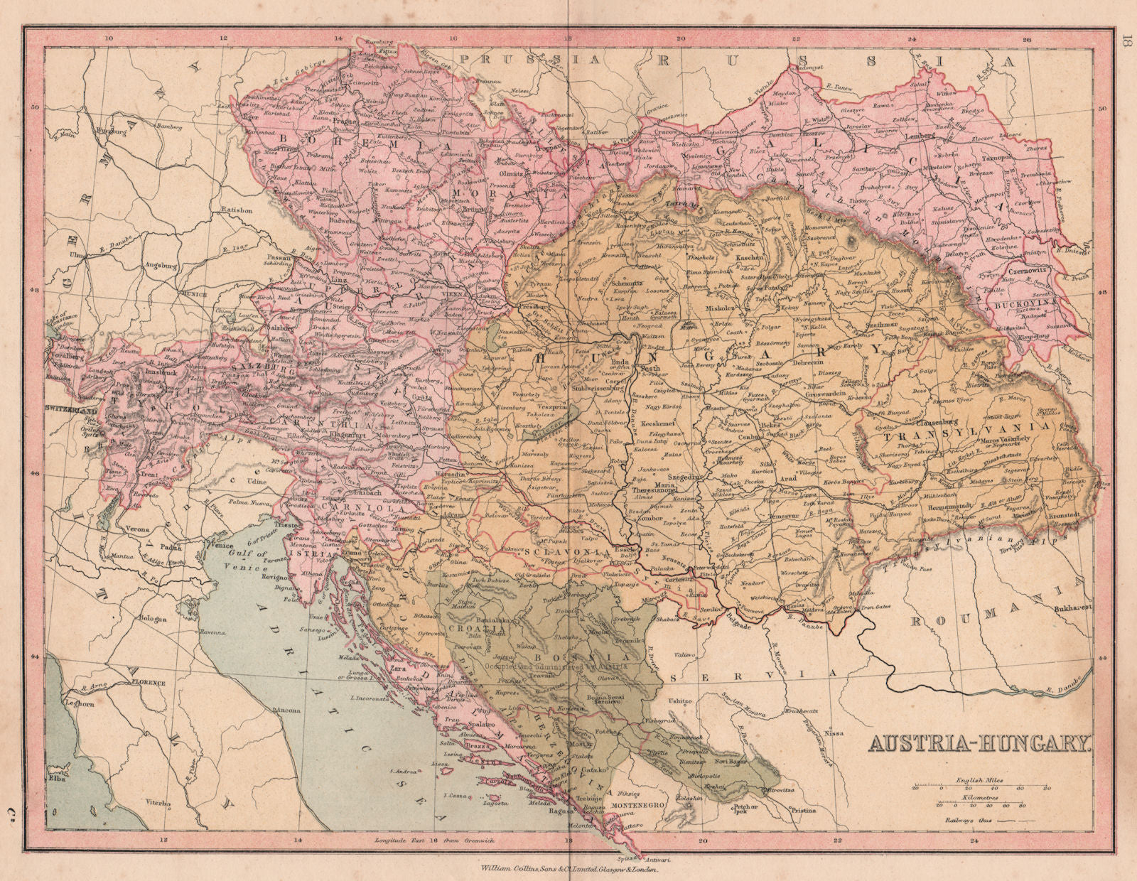 AUSTRIA-HUNGARY. Dalmatia Galicia Transylvania Bohemia &c. COLLINS 1880 map